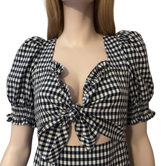 Topshop Dress Gingham Check Cut Out Back and Front Puff Sleeves Shirring NWOT - Picture 5 of 16